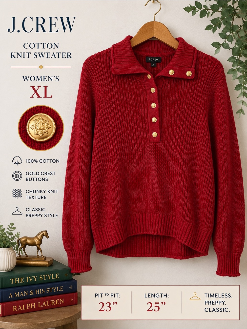 J. Crew Women’s XL Red Cotton Knit Collared Sweater Gold Crest Buttons Preppy